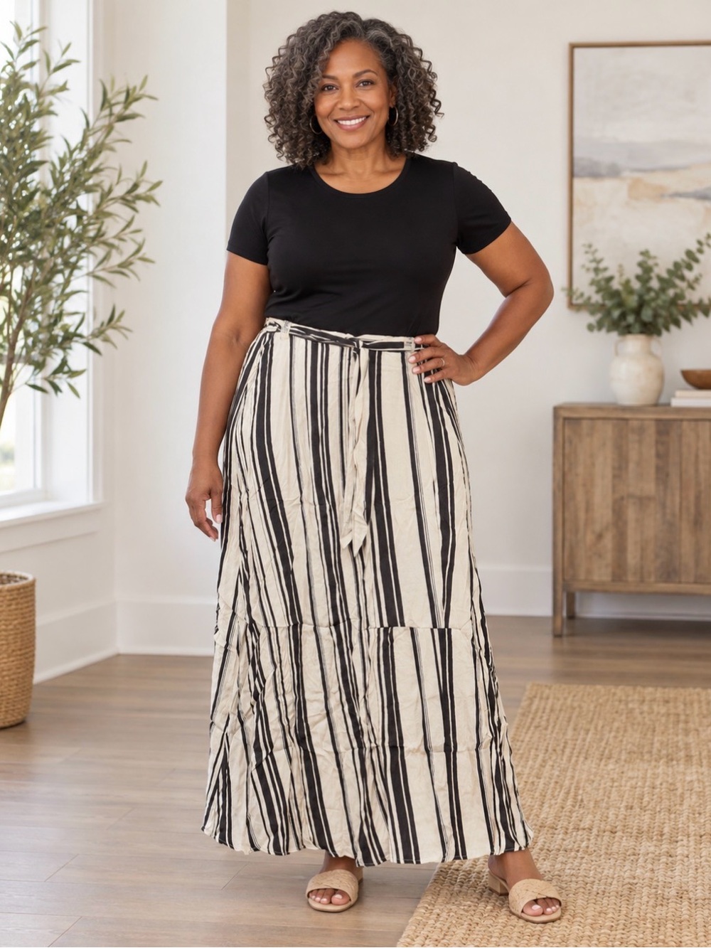 Time and Tru Black and Cream Vertical Stripe Maxi Skirt with Tie Waist
